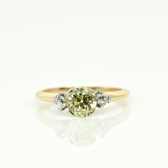 Circa 1920's Art Deco 1930's Two Tone Platinum & 14K Gold 3 Stone Fancy Yellow