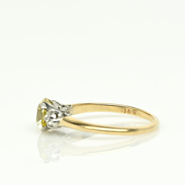 Circa 1920's Art Deco 1930's Two Tone Platinum & 14K Gold 3 Stone Fancy Yellow
