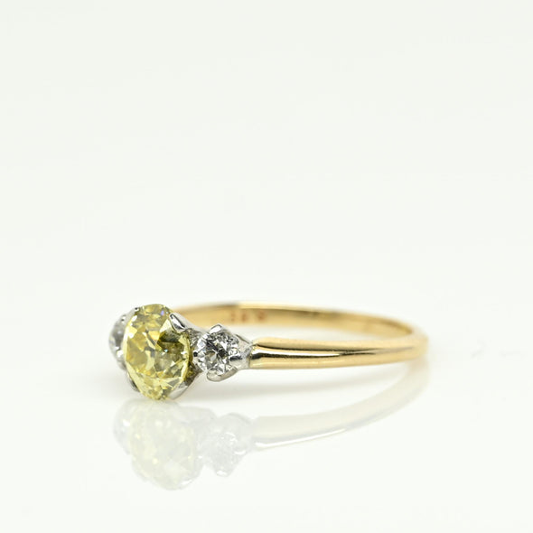 Circa 1920's Art Deco 1930's Two Tone Platinum & 14K Gold 3 Stone Fancy Yellow