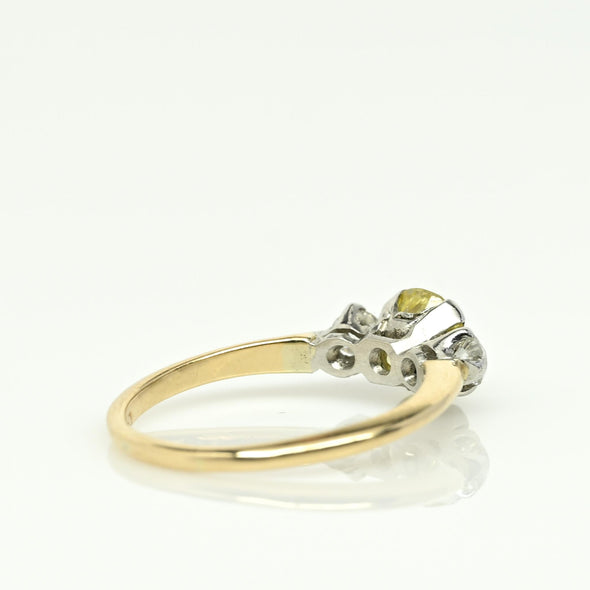Circa 1920's Art Deco 1930's Two Tone Platinum & 14K Gold 3 Stone Fancy Yellow