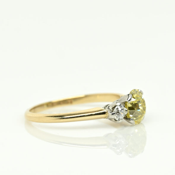 Circa 1920's Art Deco 1930's Two Tone Platinum & 14K Gold 3 Stone Fancy Yellow