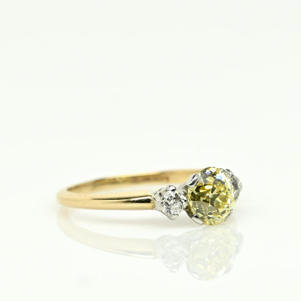 Circa 1920's Art Deco 1930's Two Tone Platinum & 14K Gold 3 Stone Fancy Yellow