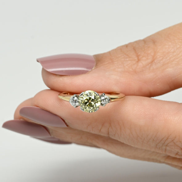 Circa 1920's Art Deco 1930's Two Tone Platinum & 14K Gold 3 Stone Fancy Yellow