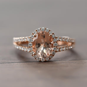 Morganite Oval Diamond Halo 14K Rose Gold Split Shank Ring