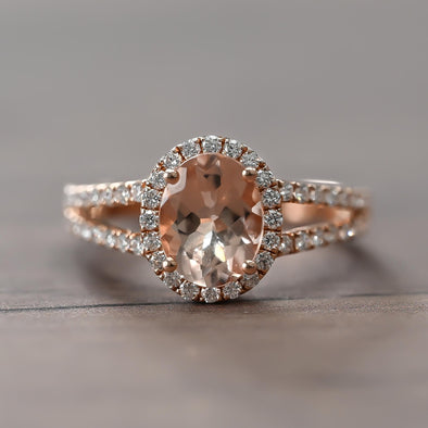 Morganite Oval Diamond Halo 14K Rose Gold Split Shank Ring