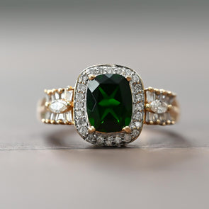 Emerald Elongated Cushion Diamond Halo Ring in 14K Yellow Gold