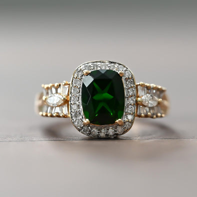 Emerald Elongated Cushion Diamond Halo Ring in 14K Yellow Gold