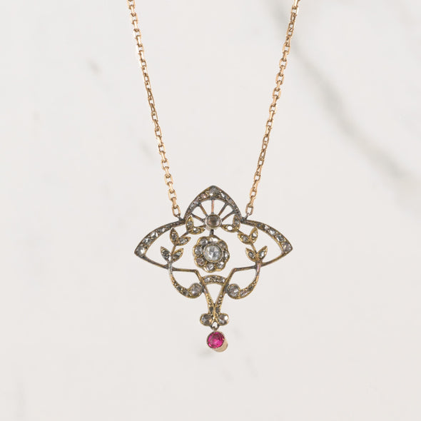 Victorian Yellow Gold Rose Cut Diamond and Ruby Necklace