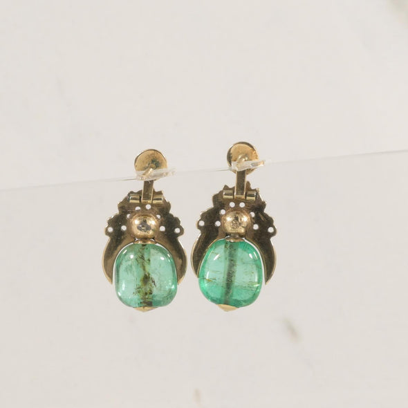 Antique Drilled Emerald Cabochon Dangle Earrings W/ Rose Cut Diamonds 14K Gold