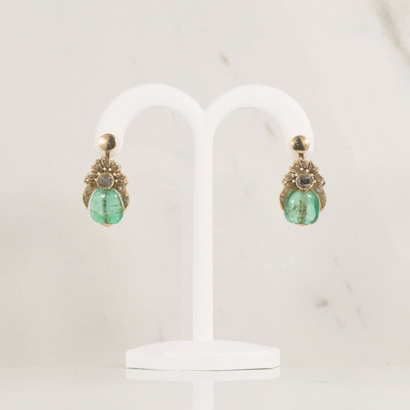 Antique Drilled Emerald Cabochon Dangle Earrings W/ Rose Cut Diamonds 14K Gold