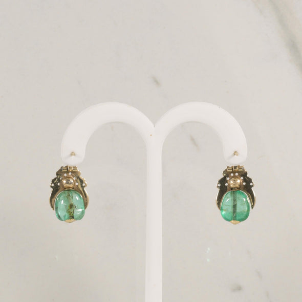 Antique Drilled Emerald Cabochon Dangle Earrings W/ Rose Cut Diamonds 14K Gold