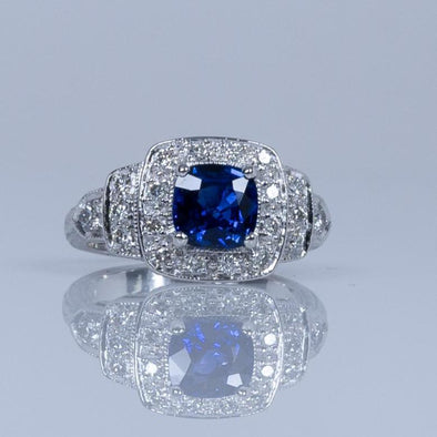 1.28ct GIA Cushion Cut Ceylon Blue Sapphire Vintage Style 14k White Gold Ring