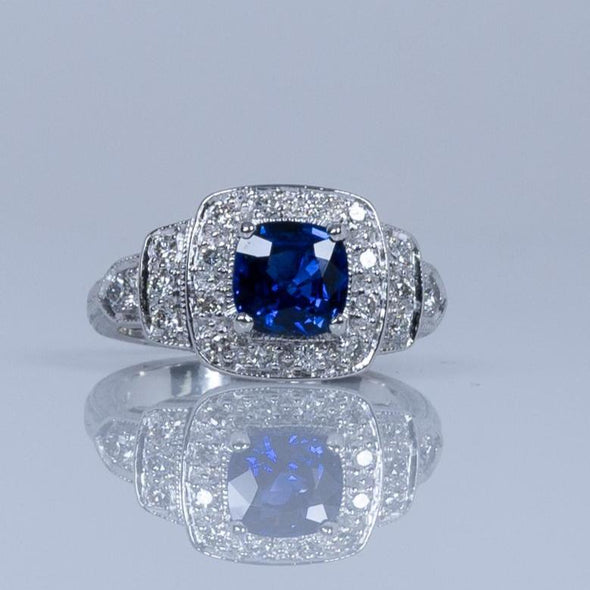 1.28ct GIA Cushion Cut Ceylon Blue Sapphire Vintage Style 14k White Gold Ring