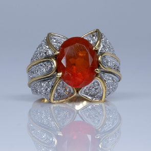 18K Yellow Gold Orange Fire Opal Ring with Diamond Accents