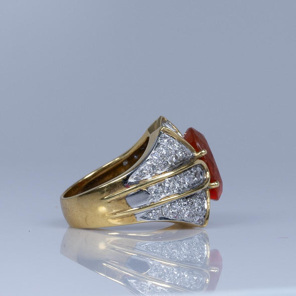 18K Yellow Gold Orange Fire Opal Ring with Diamond Accents