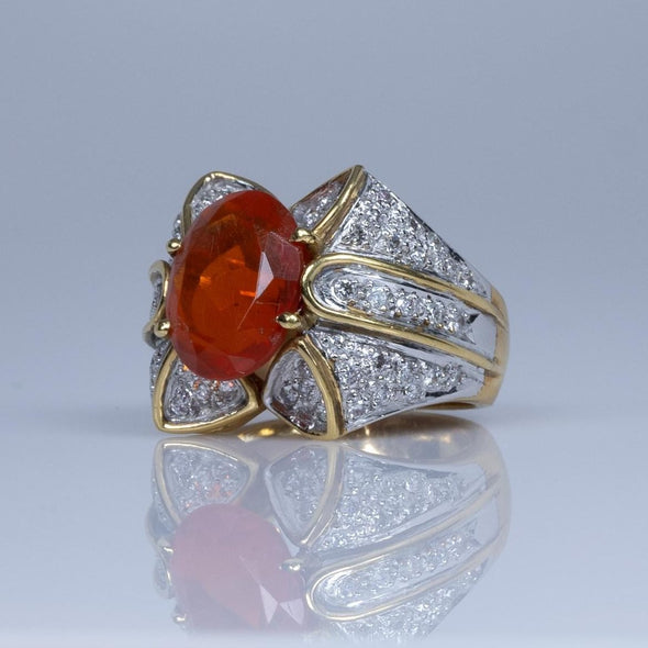 18K Yellow Gold Orange Fire Opal Ring with Diamond Accents