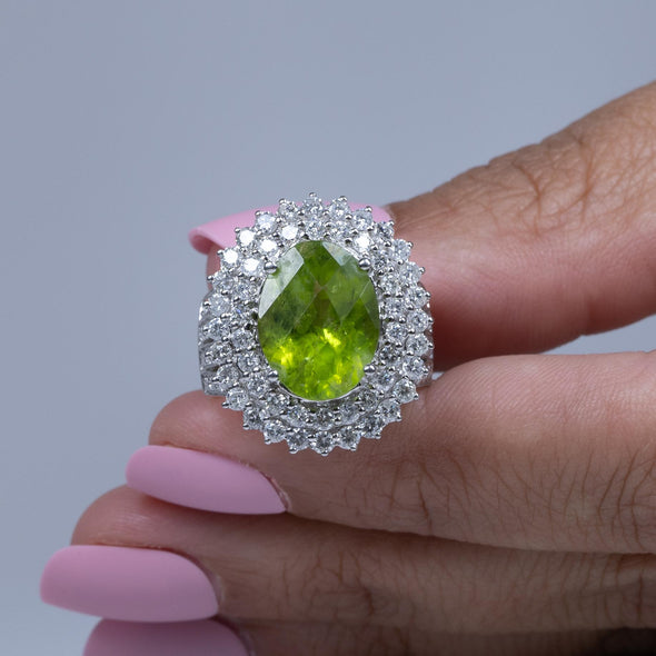 Michael Christoff Peridot Oval Bold Diamond Halo 14k White Gold Statement Ring