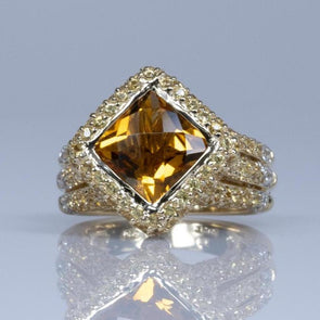 Citrine Cushion Yellow Sapphire Pave Cocktail Ring in 14K Gold