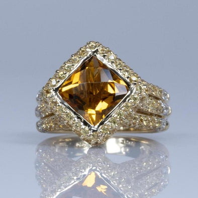 Citrine Cushion Yellow Sapphire Pave Cocktail Ring in 14K Gold