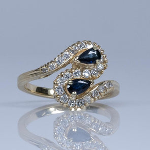 Blue Sapphire Pear and Diamond S Ring in 14k Yellow Gold