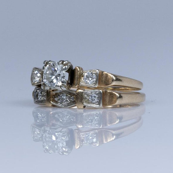 Half Carat Old European Cut Diamond Retro Wedding set in 14K Yellow Gold