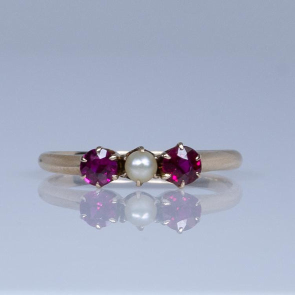 Victorian Pearl and Ruby Three Stone Ring in 14K Yellow Gold