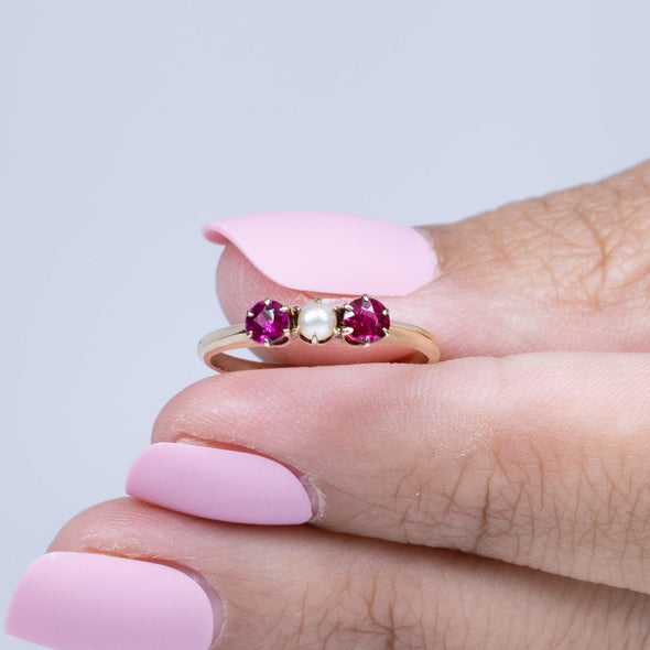 Victorian Pearl and Ruby Three Stone Ring in 14K Yellow Gold