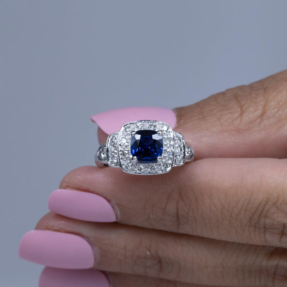 1.28ct GIA Cushion Cut Ceylon Blue Sapphire Vintage Style 14k White Gold Ring