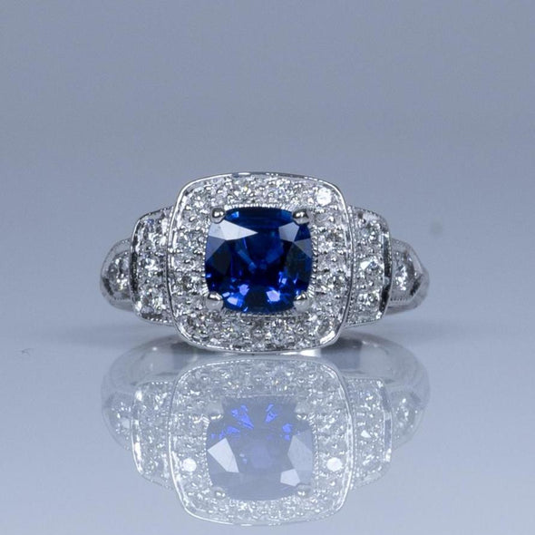 1.28ct GIA Cushion Cut Ceylon Blue Sapphire Vintage Style 14k White Gold Ring