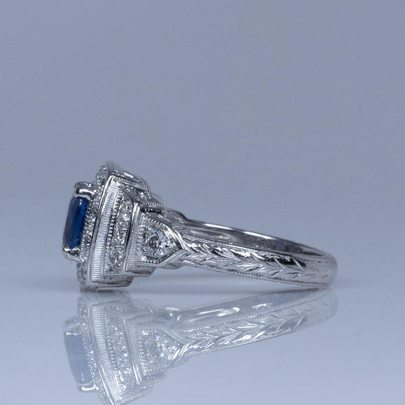 1.28ct GIA Cushion Cut Ceylon Blue Sapphire Vintage Style 14k White Gold Ring