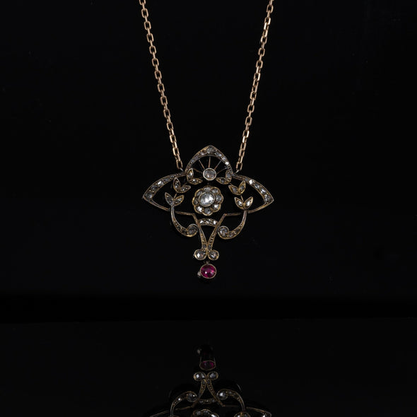 Victorian Yellow Gold Rose Cut Diamond and Ruby Necklace