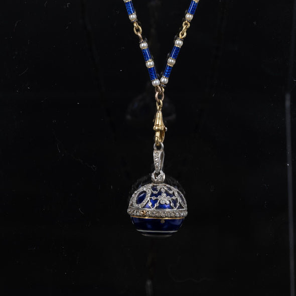 LeCoultre Boule de Genève Watch Pendant Blue Enamel Diamond 18K Gold Necklace