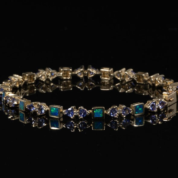 Opal Tanzanite Diamond Shapes Bracelet 14K Yellow Gold