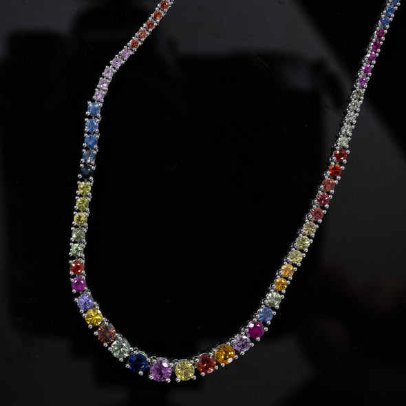 7.44ctw Graduated Multicolor Rainbow Sapphire Tennis Necklace 14k White Gold