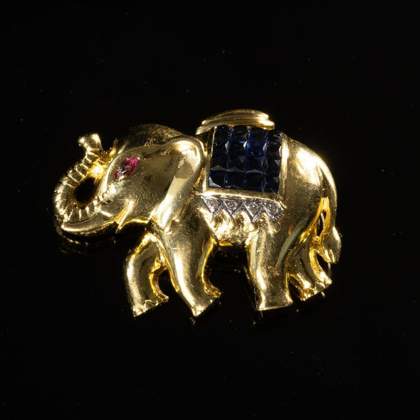 18K Elephant Converter Pendant/Brooch with Ruby, Sapphire, and Diamond accents