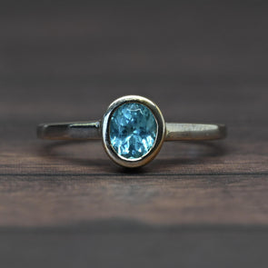 New Neon Blue Apatite Oval Bezel Set Rose & White Gold Ring