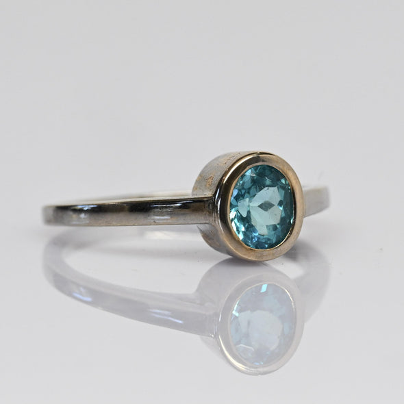 New Neon Blue Apatite Oval Bezel Set Rose & White Gold Ring