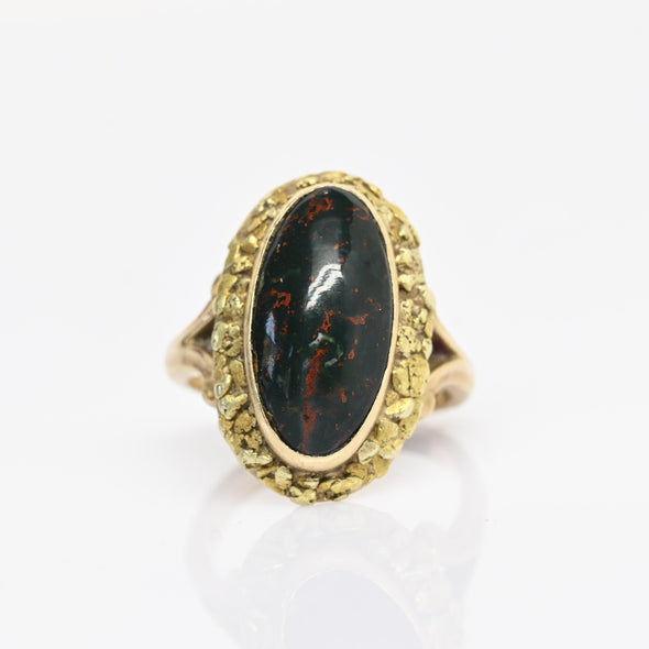 Vintage Bloodstone Oval Natural Nugget Gold Ring