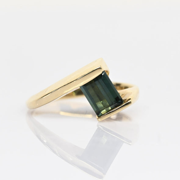 Green Tourmaline Emerald Cut 14k Yellow Gold Bypass Ring