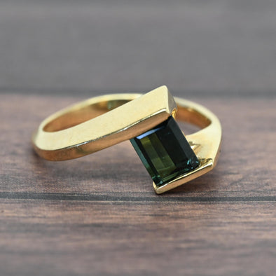 Green Tourmaline Emerald Cut 14k Yellow Gold Bypass Ring