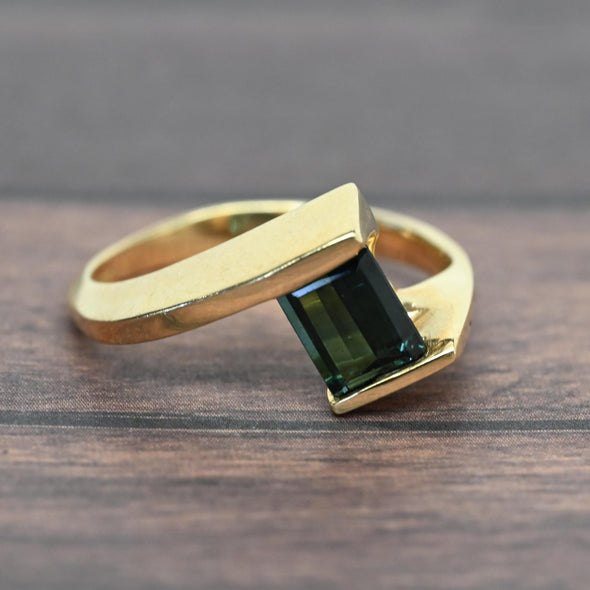 Green Tourmaline Emerald Cut 14k Yellow Gold Bypass Ring