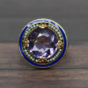 Art Deco Amethyst Pearl Halo Enamel Yellow Gold Ring