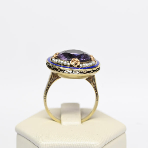 Art Deco Amethyst Pearl Halo Enamel Yellow Gold Ring