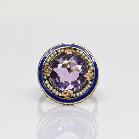 Art Deco Amethyst Pearl Halo Enamel Yellow Gold Ring