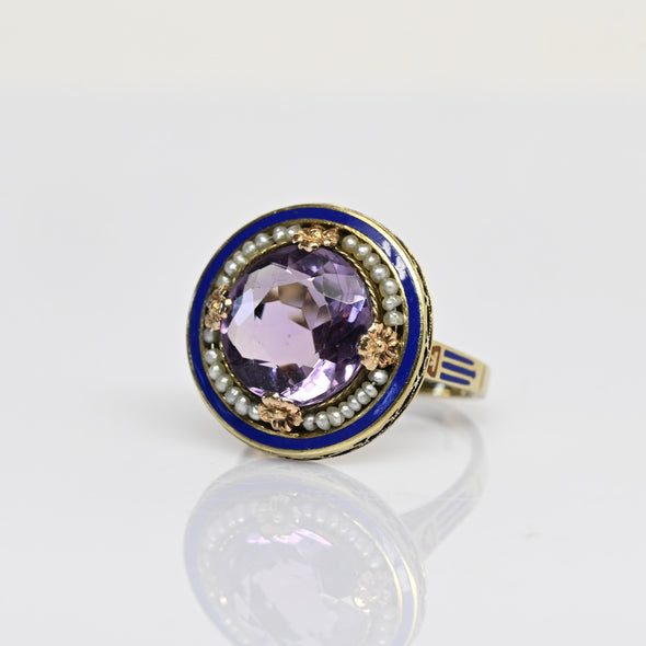 Art Deco Amethyst Pearl Halo Enamel Yellow Gold Ring