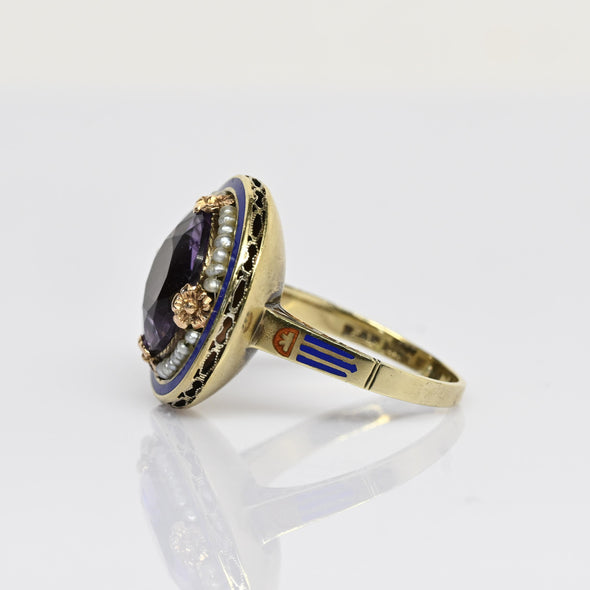 Art Deco Amethyst Pearl Halo Enamel Yellow Gold Ring
