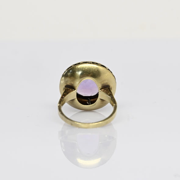 Art Deco Amethyst Pearl Halo Enamel Yellow Gold Ring