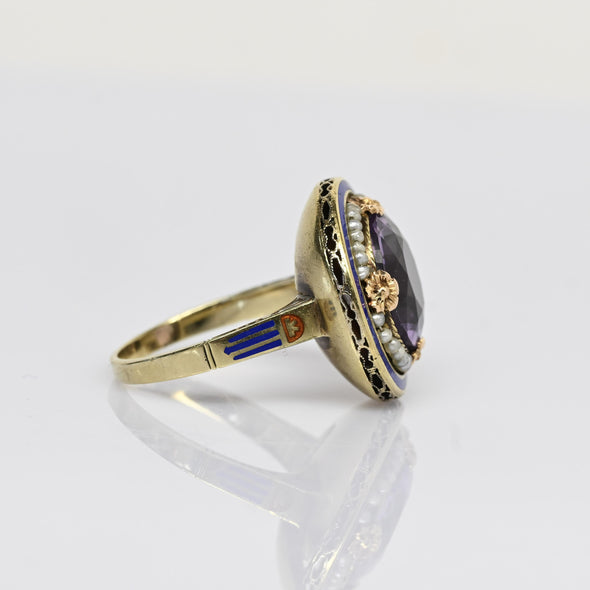 Art Deco Amethyst Pearl Halo Enamel Yellow Gold Ring