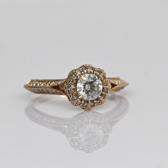 1cttw Diamond Rose Gold Knife Edge Halo Engagement Ring