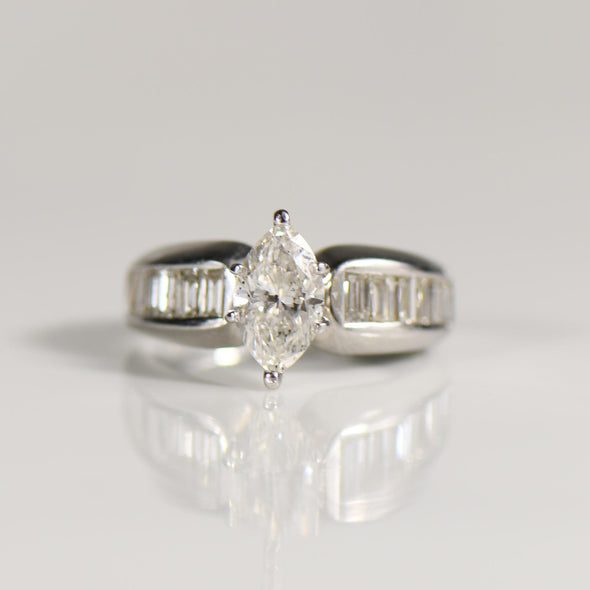 1.67cttw Marquise Diamond Engagement Ring with Baguette Diamond accents